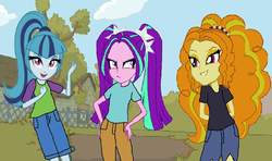 Size: 1712x1016 | Tagged: safe, adagio dazzle, aria blaze, sonata dusk, equestria girls, g4, clarence, clarence wendle, crossover, disguise, disguised siren, female, jeff randell, ryan sumouski, the dazzlings, trio, trio female