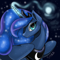 Size: 800x800 | Tagged: safe, artist:commander booty call, princess luna, g4, cute, female, lidded eyes, looking at you, magic, moon, moon work, night, open mouth, smiling, snow, snowfall, solo, spread wings