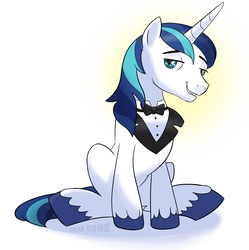 Size: 1356x1364 | Tagged: safe, artist:lamar_bone, derpibooru exclusive, shining armor, g4, clothes, lidded eyes, looking at you, male, sitting, smirk, solo, tuxedo