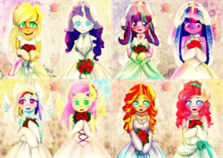 Size: 1024x725 | Tagged: safe, artist:monochromacat, part of a set, applejack, fluttershy, pinkie pie, rainbow dash, rarity, starlight glimmer, sunset shimmer, twilight sparkle, alicorn, pony, unicorn, semi-anthro, g4, clothes, dress, looking at you, mane six, smiling, twilight sparkle (alicorn), wedding dress