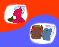 Size: 1280x1024 | Tagged: safe, anonymous artist, night glider, oc, oc:melon frost, pegasus, pony, g4, canon x oc, food, kissing, male, shipping, straight, watermelon