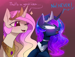 Size: 1280x971 | Tagged: safe, artist:magnaluna, princess celestia, princess luna, pony, angry, annoyed, blushing, bust, cheek fluff, chest fluff, collar, colored pupils, crossed hooves, crown, curved horn, dialogue, duo, ear fluff, fangs, female, fluffy, frown, galaxy mane, glare, glowing eyes, gradient background, implied lesbian, implied twilunestia, jewelry, lidded eyes, looking away, mare, neck fluff, one eye closed, open mouth, polyamory, regalia, royal sisters, simple background, smiling, wink, yelling