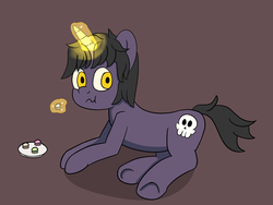 Size: 2000x1504 | Tagged: safe, artist:skullpon, oc, oc only, oc:skullpon, pony, unicorn, eating, food, looking at you, macaron, magic, on side, solo, underhoof, wavy mouth