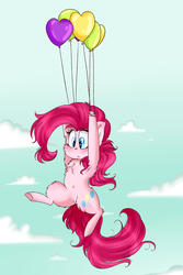 Size: 2000x3000 | Tagged: safe, artist:tokyone-chan, pinkie pie, earth pony, pony, g4, armpits, balloon, belly button, blushing, chest fluff, cloud, female, floating, flying, heart, heart balloon, high res, sky, solo, then watch her balloons lift her up to the sky, underhoof