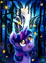 Size: 1600x2200 | Tagged: safe, artist:cosmocatcrafts, twilight sparkle, firefly (insect), pony, g4, female, moon, night, scenery, solo, tree