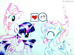 Size: 2048x1533 | Tagged: safe, artist:liaaqila, pinkie pie, trixie, twilight sparkle, alicorn, pony, g4, eyes closed, now you're thinking with portals, portal, simple background, speech bubble, tongue out, traditional art, twilight sparkle (alicorn)