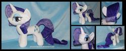 Size: 4283x1754 | Tagged: safe, artist:peruserofpieces, rarity, pony, unicorn, g4, bedroom eyes, female, from behind, happy, horn, irl, lidded eyes, long tail, mare, photo, plushie, profile, smiling, solo, toy