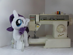 Size: 3200x2400 | Tagged: safe, artist:bassplushproductions, rarity, g4, female, filly, filly rarity, high res, irl, measuring tape, photo, plushie, sewing machine, solo