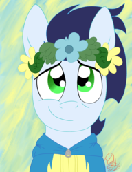 Size: 1536x2000 | Tagged: safe, artist:hufflepuffrave, soarin', pony, g4, cute, floral head wreath, flower, male, smiling, soarinbetes, solo
