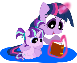 Size: 1148x943 | Tagged: safe, artist:newportmuse, starlight glimmer, twilight sparkle, alicorn, pony, g4, adoption, auntie twilight, book, female, filly, filly starlight glimmer, glimmerdoption, hug, levitation, magic, open mouth, simple background, sitting, smiling, telekinesis, transparent background, twilight sparkle (alicorn), winghug, younger