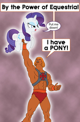 Size: 2000x3036 | Tagged: safe, artist:mlp-silver-quill, rarity, pony, g4, angry, crossover, glowing, he-man, high res, holding a pony, parody, put me down, speech bubble
