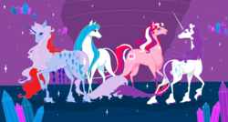 Size: 1117x598 | Tagged: safe, artist:bambisparanoia, crystal lace, rarity, sparkler (g1), classical unicorn, earth pony, unicorn, g1, g2, g3, g4, alternate cutie mark, cloven hooves, colored eartips, colored hooves, colored horn, crystal, eyeshadow, female, gem, group, hoers, horn, jewelry, leonine tail, long feather, long fetlocks, long horn, makeup, mare, quartet, raised hoof, realistic horse legs, sapphire, sapphire (g2), square crossover, tail, tail jewelry, unshorn fetlocks