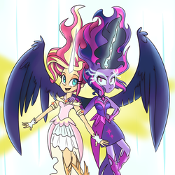 Size: 1024x1023 | Tagged: dead source, safe, artist:wubcakeva, sci-twi, sunset shimmer, twilight sparkle, equestria girls, g4, my little pony equestria girls: friendship games, bare shoulders, clothes, cute, daydream shimmer, dress, evil, fingerless gloves, gloves, good, happy, midnight sparkle, open mouth, shimmerbetes, sleeveless, strapless, unamused