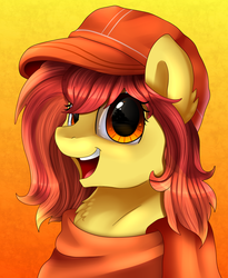Size: 1446x1764 | Tagged: safe, artist:pridark, oc, oc only, oc:flamespitter, cap, clothes, commission, cute, happy, hat, looking back, open mouth, scarf, smiling, solo