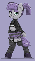Size: 1108x1920 | Tagged: safe, artist:pabbley, maud pie, earth pony, pony, g4, alternate hairstyle, bipedal, choker, clothes, drink, eyeshadow, female, garter belt, garters, jacket, leather jacket, lidded eyes, looking at you, makeup, mare, pleated skirt, ponytail, punk, shoes, skirt, solo, stockings