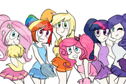 Size: 900x600 | Tagged: safe, artist:gabialicornprincess, applejack, fluttershy, pinkie pie, rainbow dash, rarity, twilight sparkle, human, g4, cheerleader, humanized, mane six, simple background, transparent background