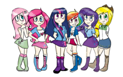 Size: 1440x900 | Tagged: safe, artist:gabialicornprincess, applejack, fluttershy, pinkie pie, rainbow dash, rarity, twilight sparkle, equestria girls, g4, belt, boots, clothes, cowboy boots, cowboy hat, hat, high heel boots, jacket, mane six, shirt, shoes, simple background, skirt, socks, transparent background, vest