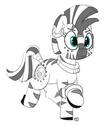 Size: 1280x1489 | Tagged: safe, artist:pabbley, zecora, zebra, g4, female, monochrome, partial color, raised hoof, raised leg, simple background, solo, white background