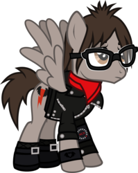 Size: 766x965 | Tagged: safe, artist:lightningbolt, pegasus, pony, g4, .svg available, armband, buckle, clandestine industries, clothes, glasses, hair over one eye, hoodie, indifferent, jacket, leather jacket, male, mikey way, my chemical romance, ponified, pulled up sleeve, scarf, shirt, shoes, show accurate, simple background, socks, solo, spread wings, stallion, svg, three cheers for sweet revenge, transparent background, undershirt, vector, wings, wristband, zipper