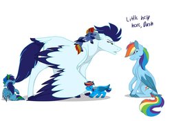 Size: 1024x715 | Tagged: safe, artist:colourstrike, rainbow dash, soarin', pegasus, pony, g4, biting, colored wings, colored wingtips, cute, daddy soarin', dialogue, ear bite, grin, male, offspring, parent:rainbow dash, parent:soarin', parents:soarindash, ship:soarindash, shipping, simple background, size difference, smiling, smoldash, straight, tail bite, tail feathers, unshorn fetlocks, white background, wing bite