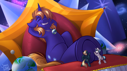 Size: 1280x720 | Tagged: safe, artist:sugaryviolet, oc, oc only, oc:ocean serenity, oc:snap fable, oc:star bright, pony, cosmic wizard, earth, eyes closed, giant pony, godpone, hoofrub, macro, massage, planet, pony bigger than a galaxy, pony bigger than a planet, pony bigger than a solar system, pony bigger than a star, pony bigger than a universe, pony heavier than a black hole, relaxing, sitting, space, stars, throne, underhoof
