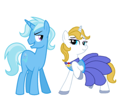 Size: 953x810 | Tagged: safe, prince blueblood, trixie, pony, unicorn, g4, clothes, dress, female, jewelry, male, necklace, princess bluebelle, rule 63, ship:bluetrix, ship:trisbelle, shipping, shoes, simple background, straight, transparent background, tristan, vector