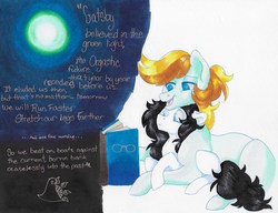 Size: 812x623 | Tagged: safe, artist:frozensoulpony, oc, oc only, oc:bluebeard, oc:wind lily, earth pony, pony, book, cuddling, frown, lidded eyes, open mouth, prone, size difference, smiling, snuggling, the great gatsby, traditional art, wide eyes