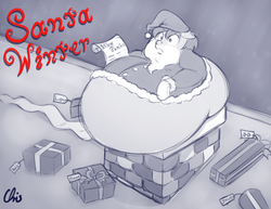 Size: 3300x2550 | Tagged: safe, artist:nekocrispy, oc, oc only, oc:winterlight, pony, awkward, awkward moment, belly, bhm, chimney, christmas, chubby, clothes, costume, fat, hat, high res, holiday, impossibly large belly, male, present, santa claus, santa hat, solo, stallion, stuck