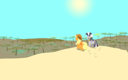 Size: 1920x1200 | Tagged: safe, artist:dragonriderelf, applejack, zecora, zebra, g4, hoofprints, lineless, newbie artist training grounds, scenery, sun