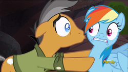 Size: 1366x768 | Tagged: safe, screencap, quibble pants, rainbow dash, pony, g4, stranger than fan fiction, discovery family logo, out of context, unamused