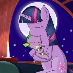 Size: 2000x2000 | Tagged: safe, artist:yinglung, spike, twilight sparkle, dragon, pony, unicorn, g4, baby, baby dragon, bed, candle, cuddling, cute, cutie mark, eyes closed, female, fire, golden oaks library, high res, hug, male, mama twilight, mare, moon, night, night sky, sky, snuggling, spikabetes, spikelove, stars, twiabetes, unicorn twilight, window