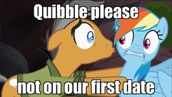 Size: 1366x768 | Tagged: safe, edit, edited screencap, screencap, quibble pants, rainbow dash, g4, stranger than fan fiction, caption, discovery family logo, image macro, kissing, male, meme, out of context, rainbow dash is not amused, ship:quibbledash, shipping, straight, unamused