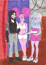 Size: 4934x6980 | Tagged: safe, artist:metaldudepl666, pinkie pie, oc, oc:shadow sketch, oc:vocal sweets, equestria girls, g4, absurd resolution, backstage, beard, belly button, black metal, bracer, breasts, busty pinkie pie, clothes, concert, crayon drawing, cutie mark, dark circles, edgy, facial hair, female, fingerless gloves, glans, gloves, hairband, heavy metal, jeans, metal, microphone, midriff, pants, pinkie puffs, pinktails pie, shoes, shorts, skirt, smiling, sneakers, socks, sports bra, stage, tank top, top, traditional art, vambrace