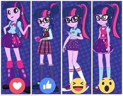 Size: 480x374 | Tagged: safe, sci-twi, twilight sparkle, equestria girls, g4, clothes, comparison, crystal prep academy uniform, emoji, facebook, facebook like, facebook reactions, magic capture device, outfit, school uniform, shoes, skirt, sneakers, twolight, 👍