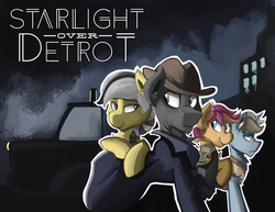 Size: 4806x3705 | Tagged: safe, artist:saxopi, oc, oc only, oc:hard boiled, oc:limerence, oc:sweet shine, oc:swift cuddles, fanfic:starlight over detrot: a noir tale, fanfic, noir, overcoat, title card