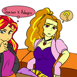 Size: 1000x1000 | Tagged: safe, artist:raika0306, adagio dazzle, sunset shimmer, equestria girls, g4, my little pony equestria girls: rainbow rocks, breasts, cleavage, female, lesbian, question mark, ship:sunsagio, shipping, thought bubble
