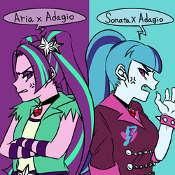 Size: 1000x1000 | Tagged: safe, artist:raika0306, aria blaze, sonata dusk, equestria girls, g4, my little pony equestria girls: rainbow rocks, angry, argument, female, lesbian, love triangle, ship:adaria, ship:sonagio, shipping