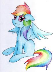 Size: 2407x3287 | Tagged: safe, artist:coffytacotuesday, rainbow dash, g4, female, high res, missing cutie mark, sitting, solo, traditional art, wavy mouth