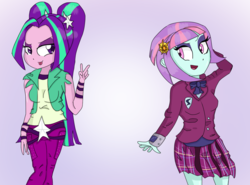 Size: 1414x1049 | Tagged: safe, artist:mildockart, aria blaze, sunny flare, equestria girls, g4, my little pony equestria girls: friendship games, my little pony equestria girls: rainbow rocks, clothes, duo, gradient background, open mouth, pants, peace sign, pigtails, pleated skirt, school uniform, skirt, twintails