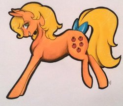 Size: 1024x885 | Tagged: safe, artist:oneiria-fylakas, part of a set, applejack (g1), earth pony, pony, g1, g4, bow, female, g1 to g4, generation leap, mare, marker drawing, simple background, solo, tail bow, traditional art, white background