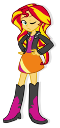 Size: 492x1042 | Tagged: safe, artist:embercl, sunset shimmer, equestria girls, g4, boots, clothes, female, high heel boots, high heels, jacket, leather jacket, one eye closed, simple background, skirt, solo, transparent background
