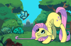 Size: 923x602 | Tagged: safe, artist:white-pilled, fluttershy, butterfly, g4, female, fence, floppy ears, forest, mushroom, solo, wide eyes
