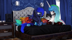 Size: 2560x1440 | Tagged: safe, artist:thelunagames, princess celestia, princess luna, g4, 3d, bed, cinema 4d, clothes, horn, horn ring, lidded eyes, missing accessory, photoshop, pillow, prone, royal sisters, smiling, socks, teacup