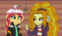 Size: 778x450 | Tagged: safe, artist:mintydreams7, adagio dazzle, sunset shimmer, equestria girls, g4, clothes, earmuffs, female, hat, holly, holly mistaken for mistletoe, hoodie, leather jacket, lesbian, mistleholly, pointing, scarf, ship:sunsagio, shipping, smirk, snow, winter outfit