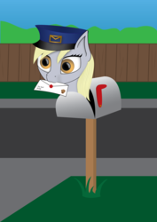 Size: 2480x3508 | Tagged: safe, artist:e-49, derpy hooves, pegasus, pony, g4, derpy inside a mailbox, female, fence, grass, high res, mail, mailbox, mare, postman's hat, solo, vector