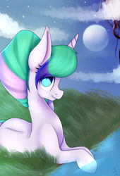 Size: 1144x1684 | Tagged: safe, artist:dragon9913, oc, oc only, pony, unicorn, female, grass, mare, moon, prone, solo, water