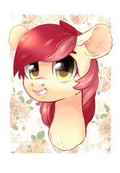 Size: 724x1040 | Tagged: safe, artist:rizzych, roseluck, earth pony, pony, g4, bust, female, flower, grin, looking at you, mare, portrait, rose, smiling, solo