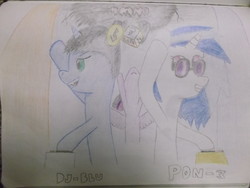 Size: 1024x768 | Tagged: safe, artist:raventheghost, dj pon-3, twilight sparkle, vinyl scratch, oc, oc:raven blake, alicorn, pony, g4, traditional art, twilight sparkle (alicorn)