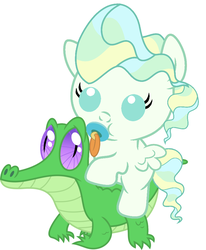 Size: 836x1017 | Tagged: safe, artist:red4567, gummy, vapor trail, alligator, pegasus, pony, g4, top bolt, baby, baby pony, cute, pacifier, ponies riding gators, riding, show accurate, vaporbetes, weapons-grade cute