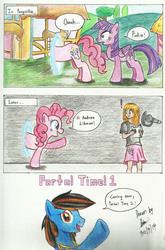 Size: 1526x2308 | Tagged: safe, artist:brianchoobrony-artie, pinkie pie, twilight sparkle, oc, alicorn, human, pony, g4, andrea libman, clothes, comic, cute, portal, signature, skirt, traditional art, twilight sparkle (alicorn)